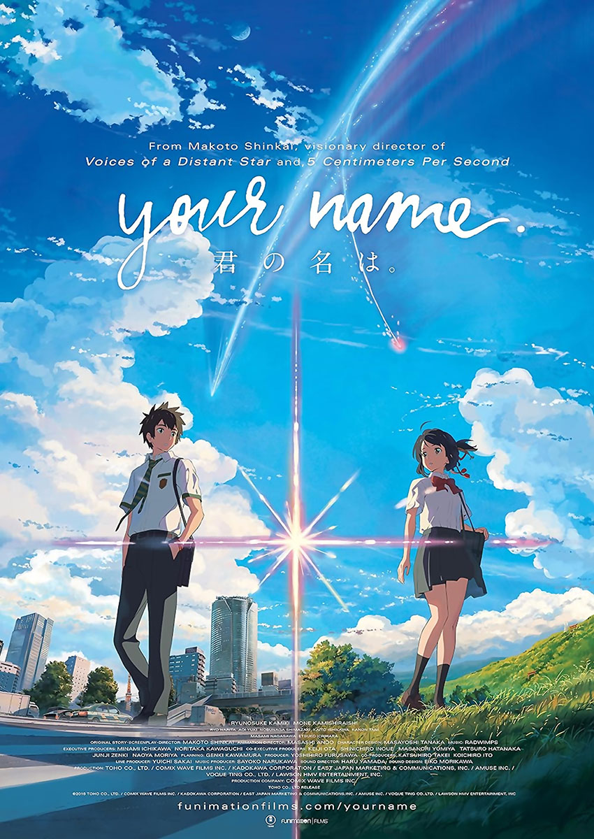 Vibrant anime artwork capturing two characters from Your Name against a dynamic sky.